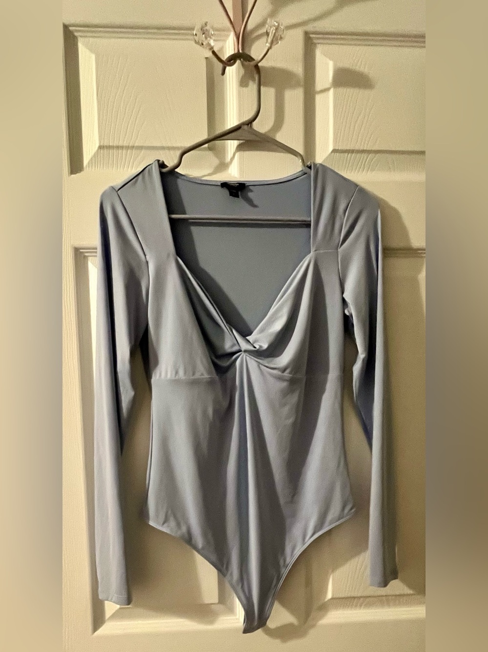Express Light Blue Twist-Front Long Sleeve Bodysuit